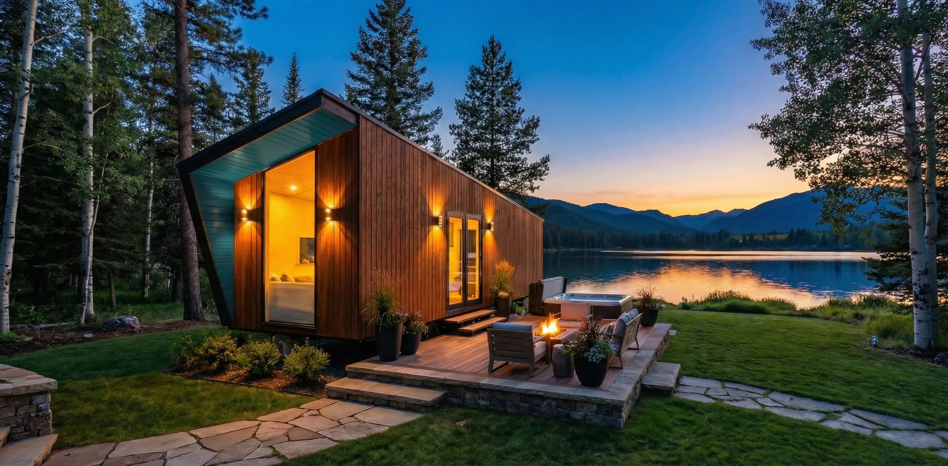 Premium cabin at dusk with lake views