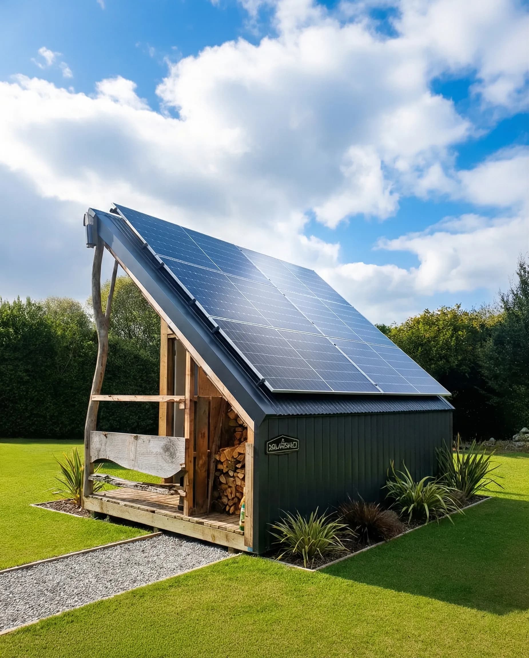 Off-grid PowerShed with solar panels