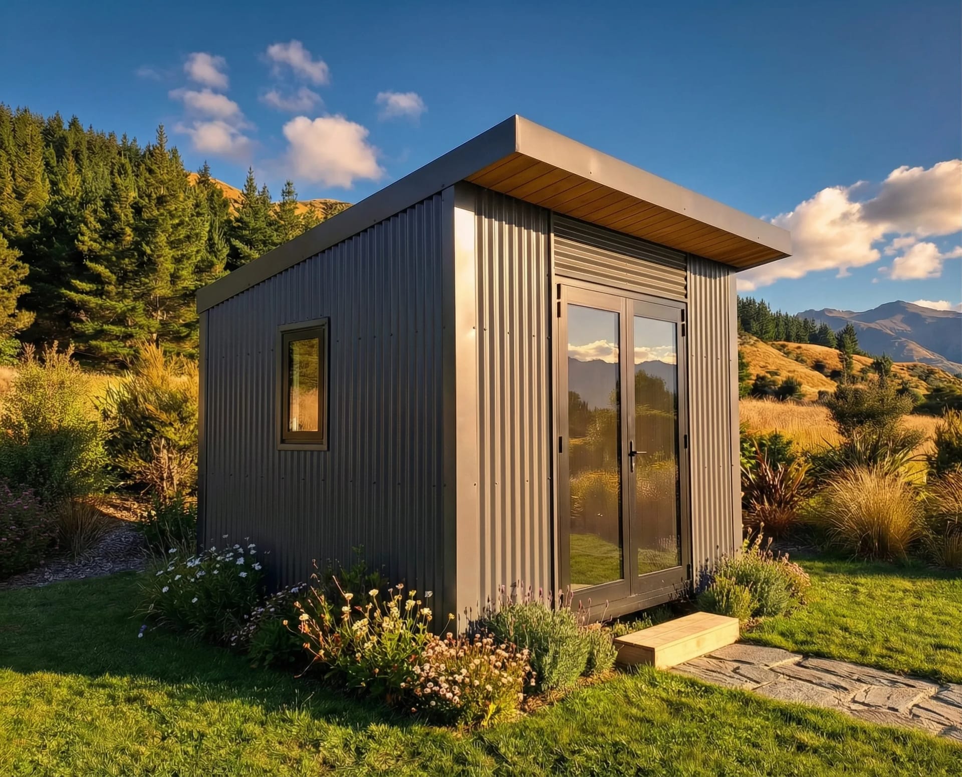Modern portable studio cabin in sunlit meadow